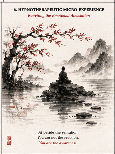 A seated figure beside still water and stepping stones in a mountain landscape